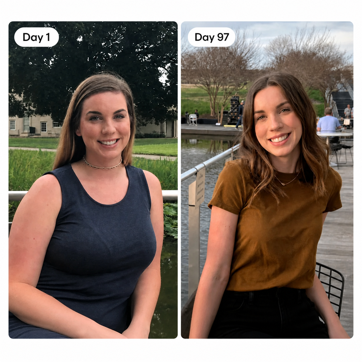 Flo customer progress comparison labeled Day 1 and Day 97