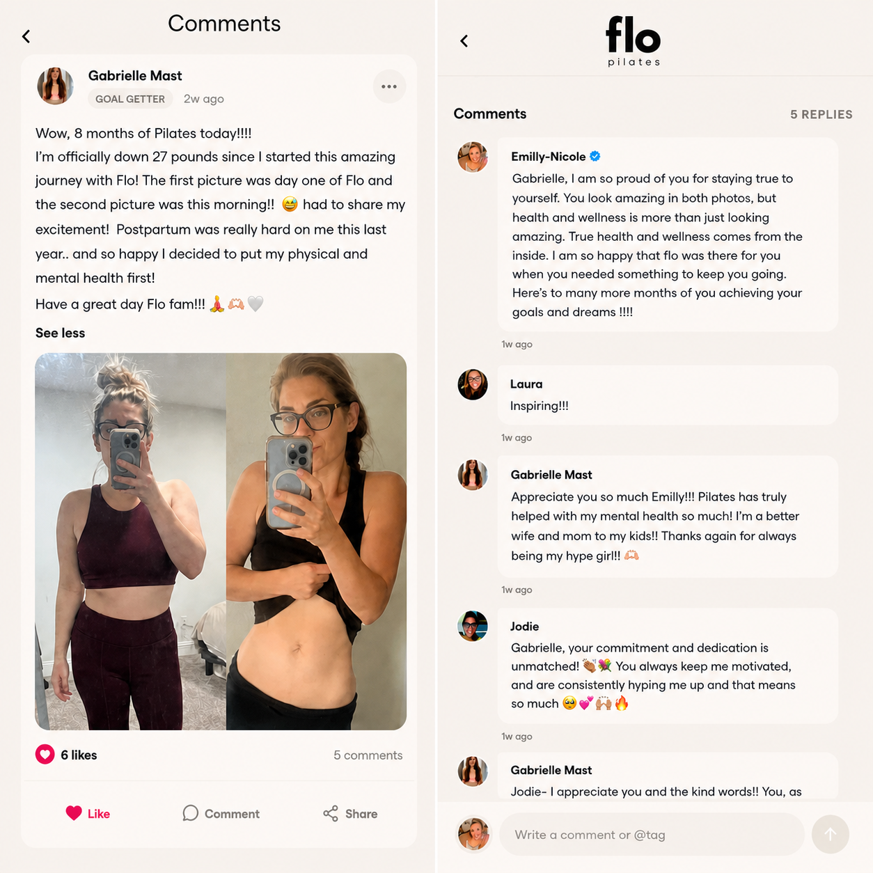 Flo community post and comments showing Gabrielle Mast’s 27-pound progress