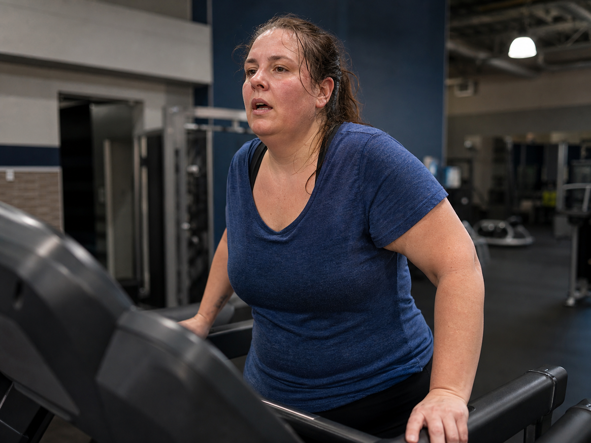 Exhausted woman on a bulky gym treadmill